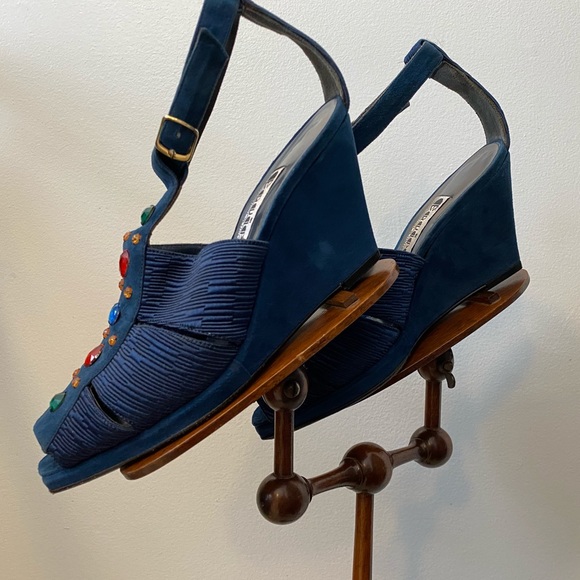 Vintage 1970s Ink Blue Suede Wedge Platforms - Picture 4 of 7